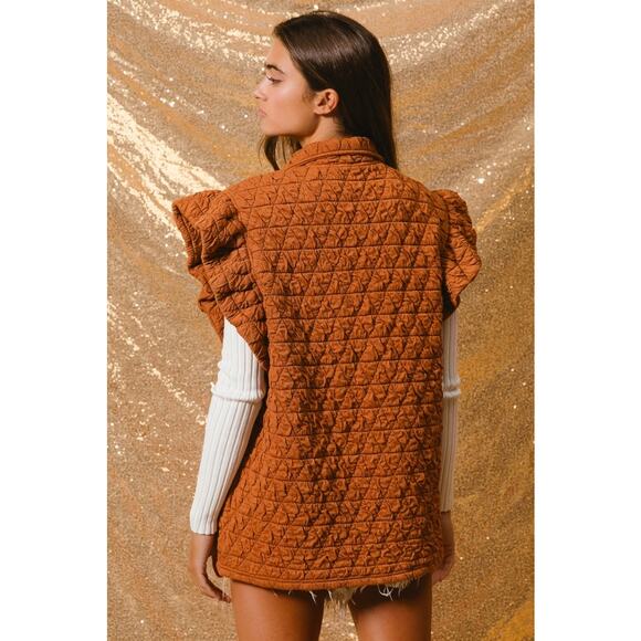 BiBi Diamond Print Ruffle Sleeves Pocket Oversized Quilted Vest Jacket | Rust - Picture 7 of 7
